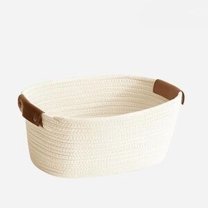 Cream Woven Basket with Removable Brown PU Leather Handles